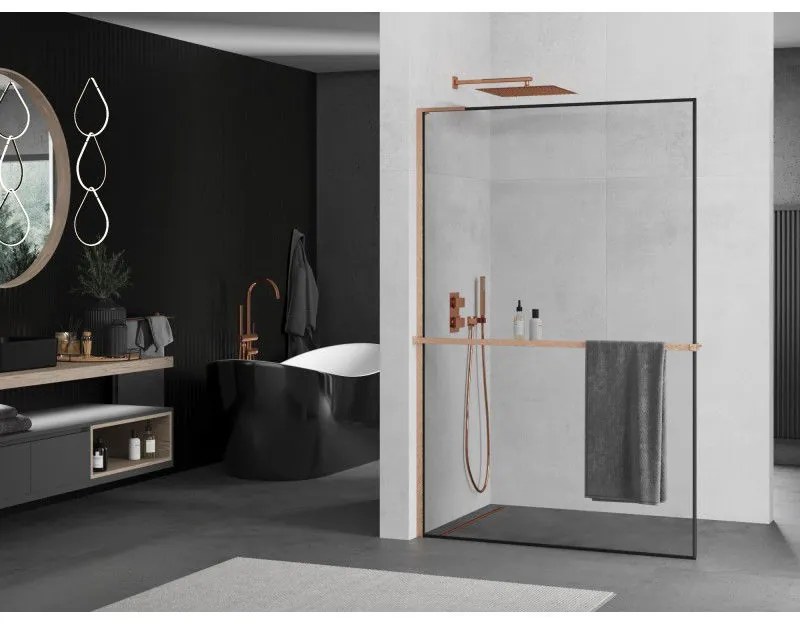 Mexen Kioto+ L, sprchová zástena Walk-In s poličkou a vešiakom 100 x 200 cm, 8mm číre sklo čierny vzor, medený matný profil, 800-100-123-65-70