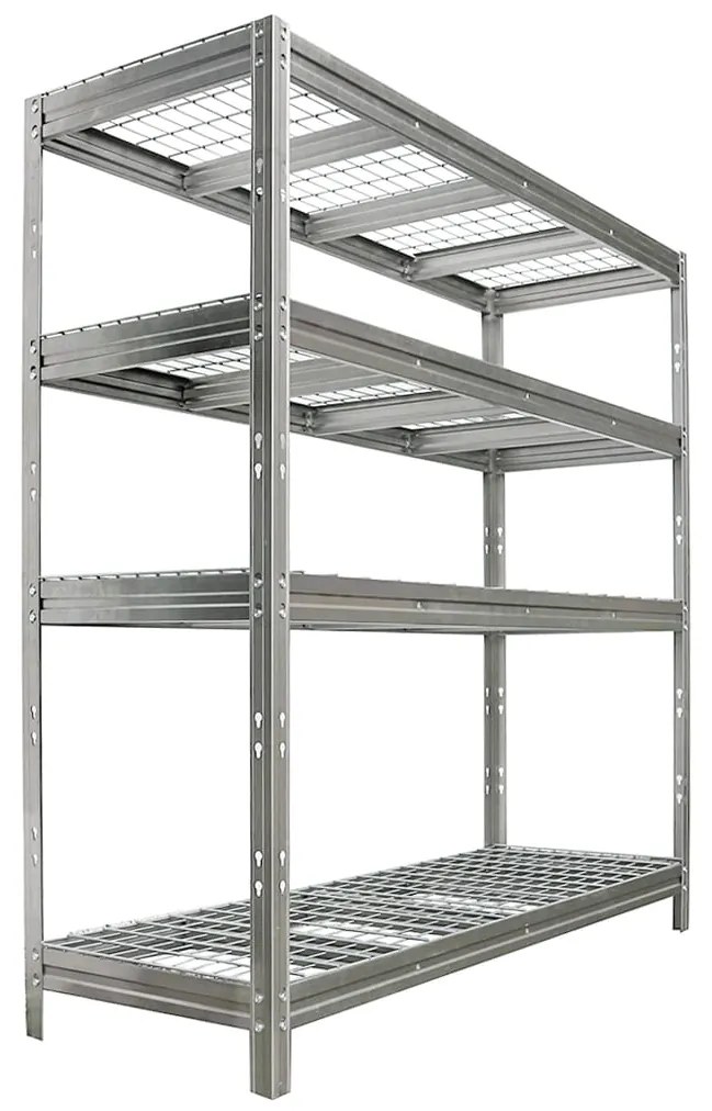 Kovový regál BULLRACK RIVET, 200x180x60 cm, 4x sieťová drôtená polica, 600 kg na policu, zinok