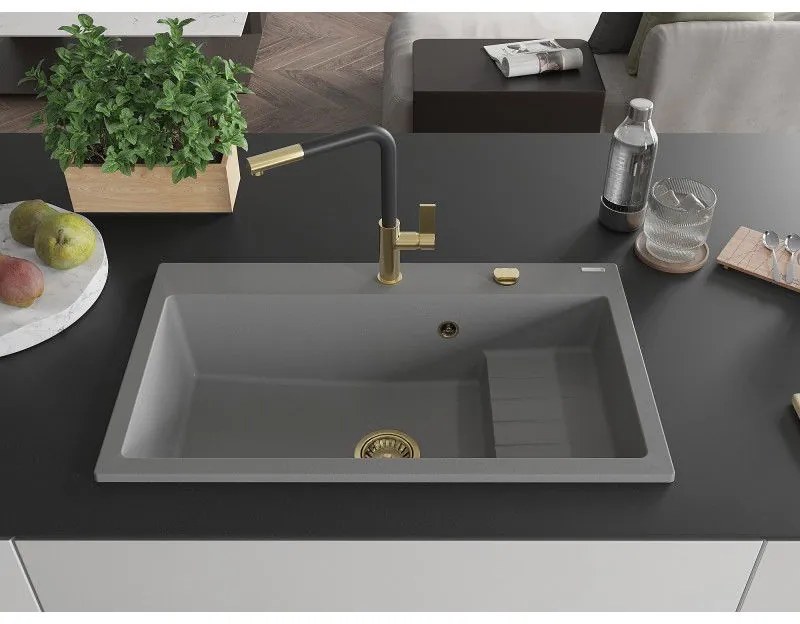 Mexen Omar, 1-komorový granitový drez 800x480x210 mm, šedá, zlatý sifón, 6520801005-71-G