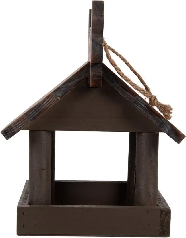 Hnedé drevené závesné krmítko pre vtáčiky s dekorom vrabčiaka - 17*25*21 cm