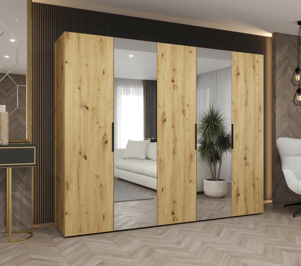 Šatníková skriňa 250 cm Mirabella 2 (dub artisan + čierna). Akcia -19%. Vlastná spoľahlivá doprava až k Vám domov. 1126424