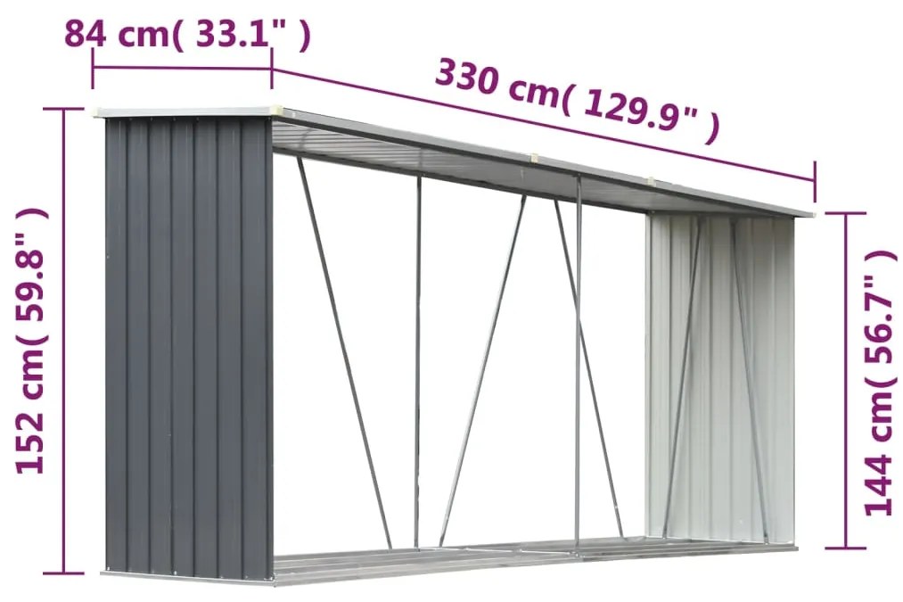 Záhradná kôlňa na drevo galvanizovaná oceľ 330x84x152 cm sivá