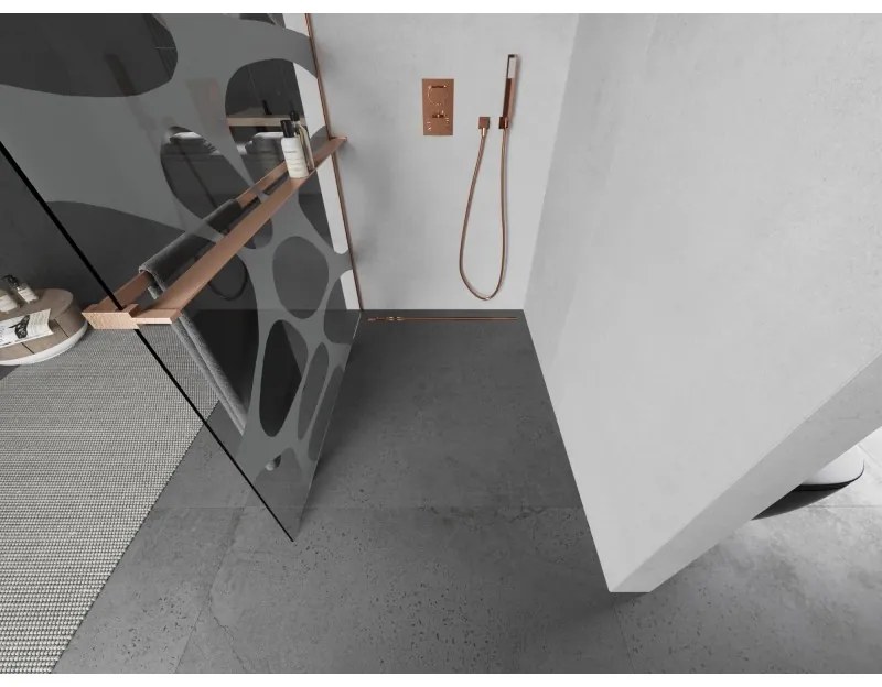 Mexen Kioto+ L, sprchová zástena Walk-In s poličkou a vešiakom 90 x 200 cm, 8mm číre sklo biely vzor, medený matný profil, 800-090-123-65-97