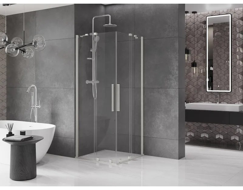Mexen Velar Duo, sprchový kút s posuvnými dverami 90 x 90 cm, 8mm číre sklo, brúsená oceľ, 871-090-090-02-97