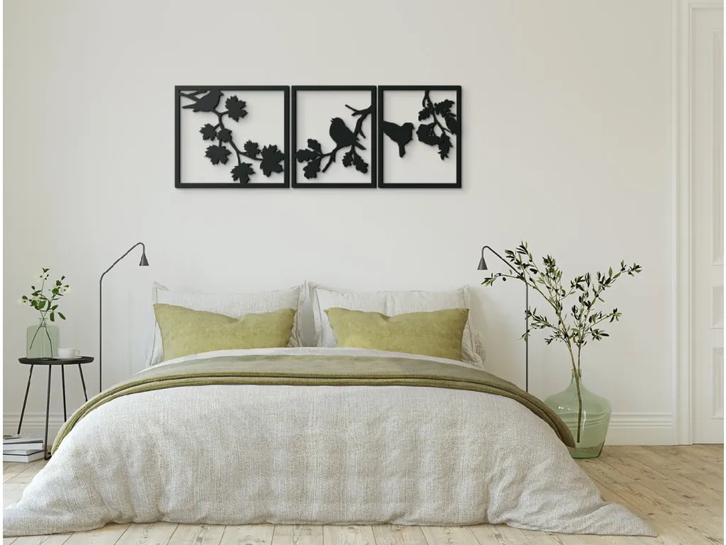 drevko Viacdielny obraz Vtáčí triptych Rozmer obrazu: 22,5 x 65 cm, Farba dekorácie: Čierna