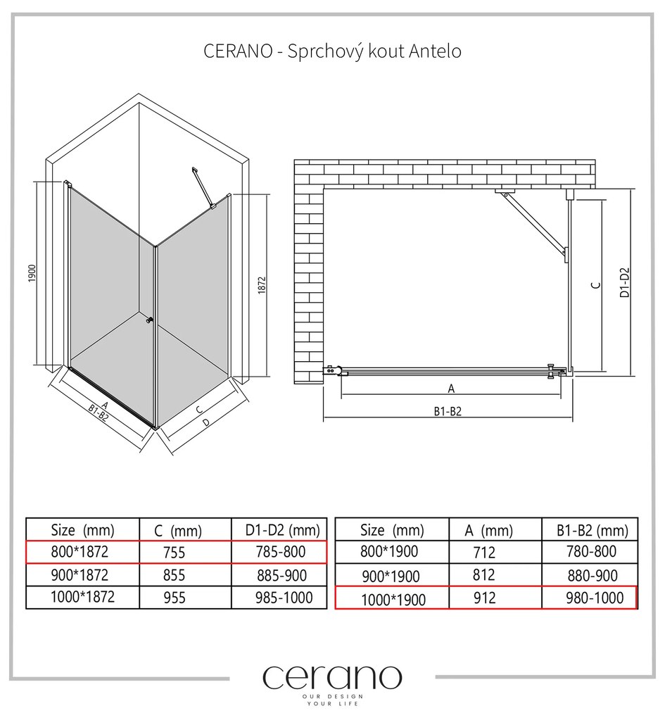 Cerano Antelo, 1-krídlový sprchovací kút 80(dvere) x 100(stena) x 190 cm, 6mm číre sklo, čierny profil, CER-CER-434013