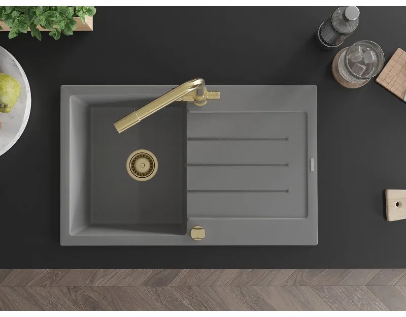 Mexen Bruno, 1-komorový granitový drez s odkvapkávačom 795x495x200 mm a zlatá batéria Duero, šedá, 6513-71-671600-50
