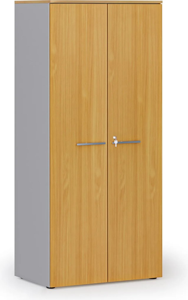 Kancelárska policová skriňa PRIMO GRAY s dverami, 800 x 500 x 1781 mm, sivá/buk