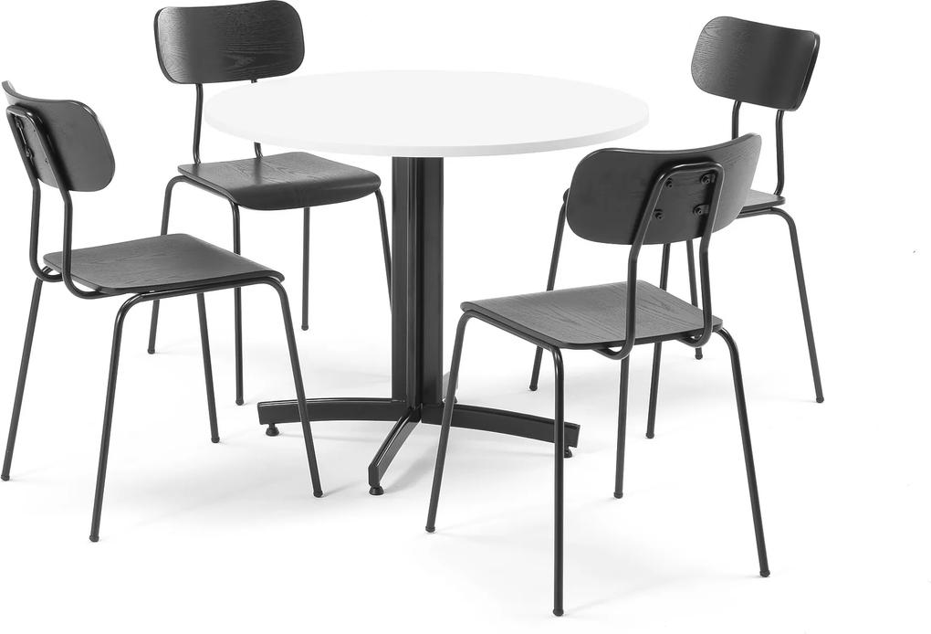 Jedálenská zostava, 1 x stôl a 4 stoličky, biely laminát