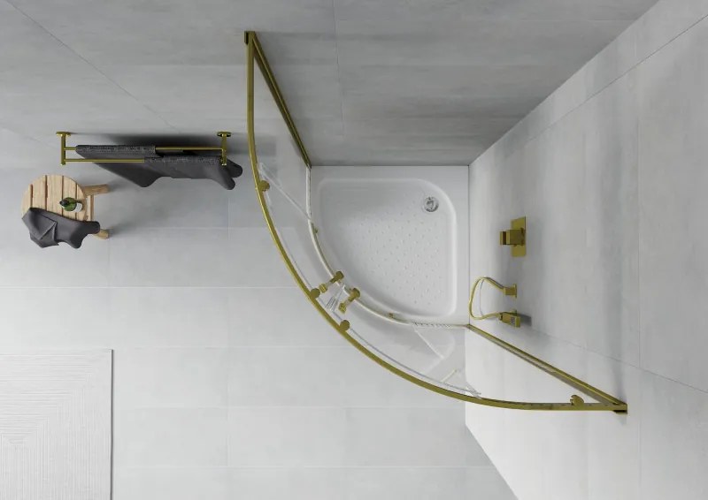 Mexen Rio, štvrťkruhový sprchovací kút s posuvnými dverami 80(dvere) x 80(dvere) x 190 cm, 6mm číre sklo s pásikmi, zlatý profil + biela sprchová vanička RIO, 863-080-080-50-20-4710