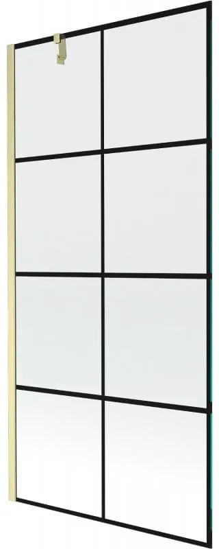 Mexen Next, 1-krídlová vaňová zástena 90 x 150 cm, 6mm číre sklo - čierny vzor, zlatá matná, 895-090-000-00-77-55