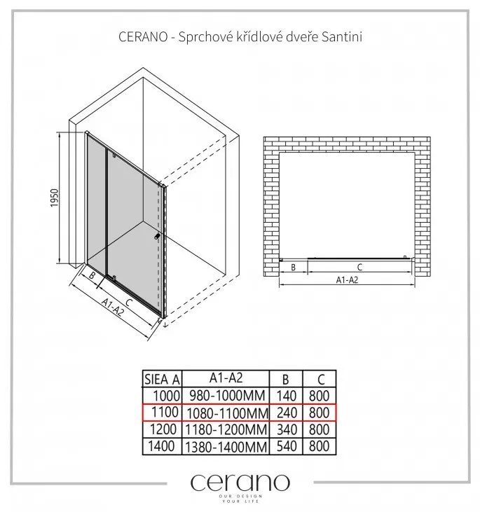 Cerano Santini, krídlové sprchové dvere 110x195 cm, 6mm číre sklo, chrómový profil, CER-CER-426208