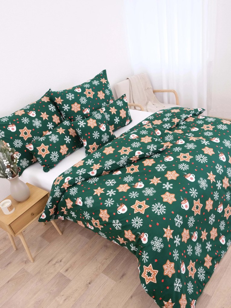 Vianočné francúzske bavlnené obliečky Renforcé - Vianočný perníček zelené