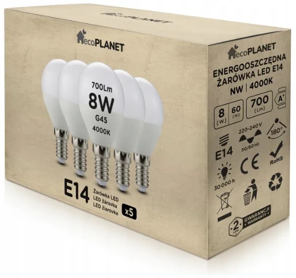 5x LED žiarovka E14 - G45 - 8W - 700lm - neutrálna biela