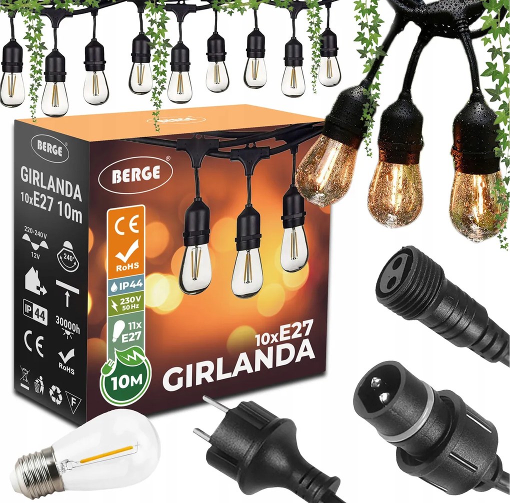 ZÁHRADNÁ SVETELNÁ REŤAZ 10m 10xE27 Sada s LED žiarovkami IP44