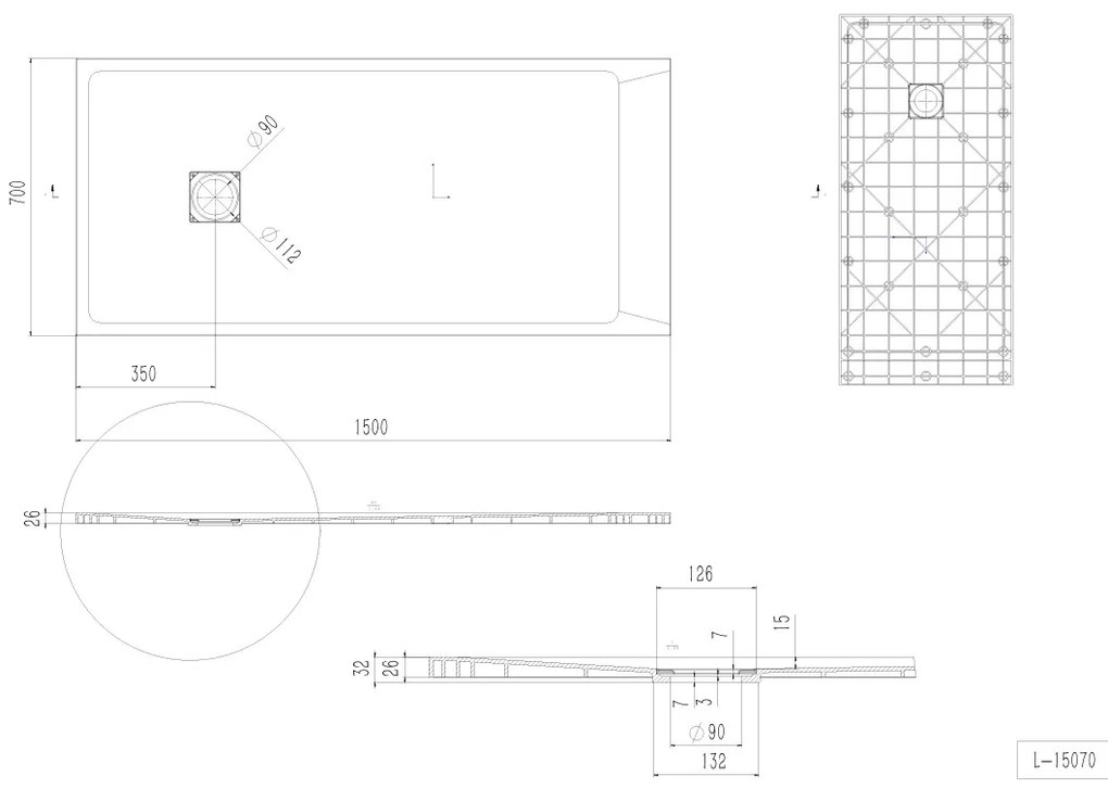 Erga Hyper, SMC sprchová vanička 150x70x2,6 cm + sifón, biela matná, ERG-V06-SMC-7015S-WH