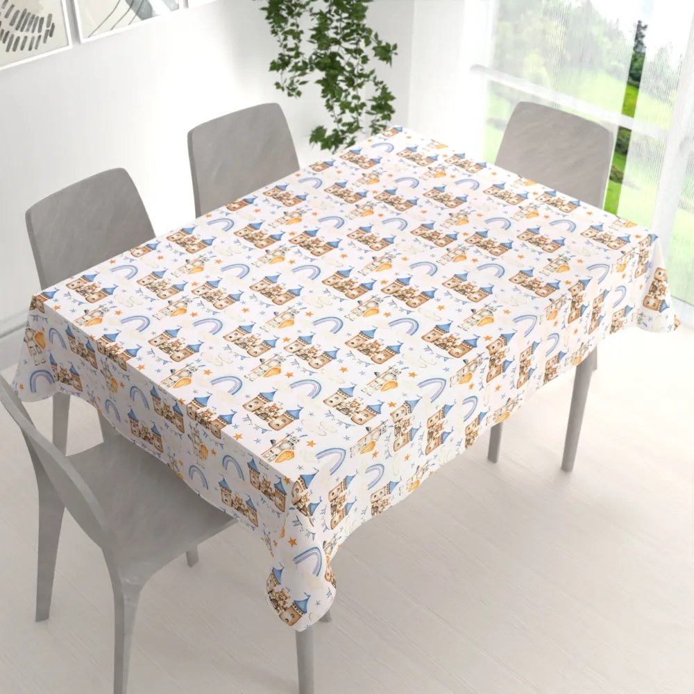 Biante Detský bavlnený obdĺžnikový obrus Sandra SA-666 Modro-hnedé hrady a rytieri na bielom 140x160 cm