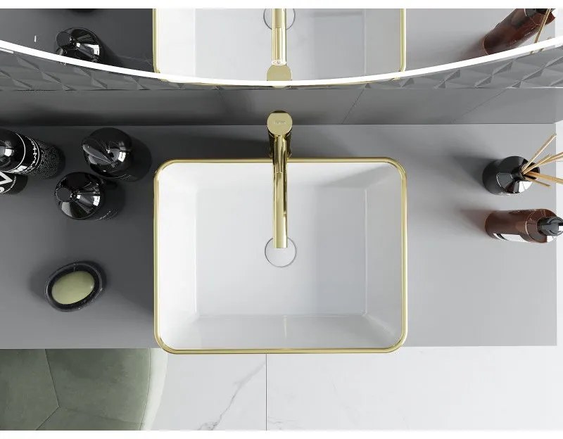 Mexen Catia, umývadlo na dosku 48x37x14 cm, biela lesklá-zlatý okraj, 21314805