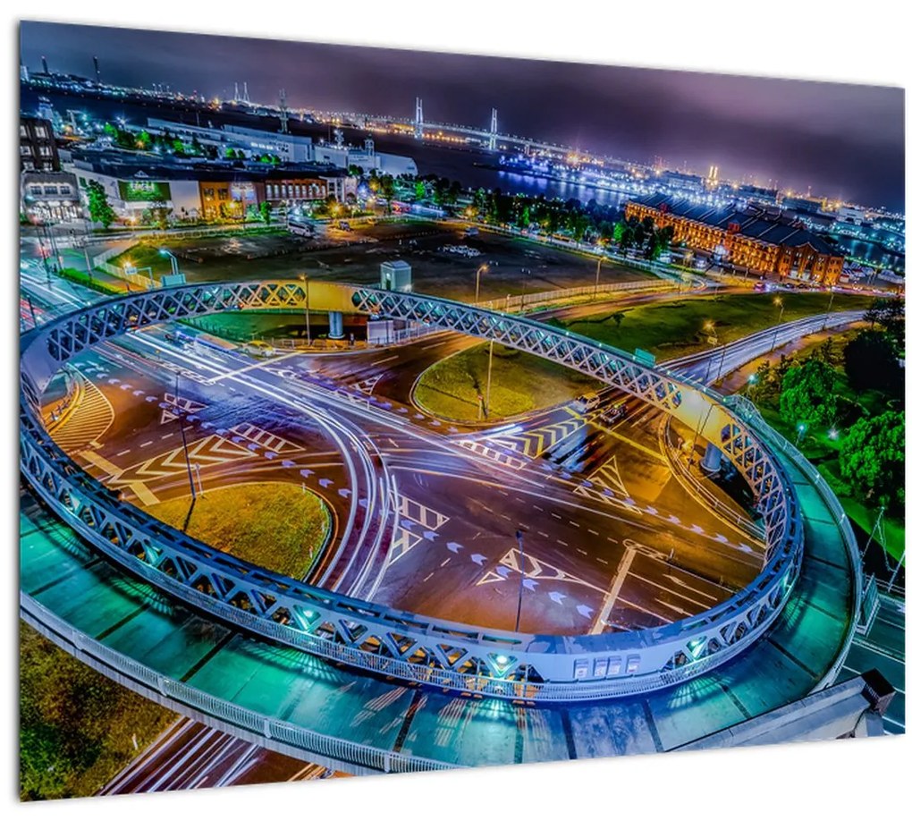 Sklenený obraz - panoráma nočného mesta (70x50 cm)