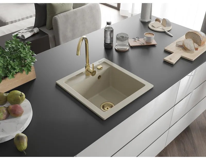 Mexen Vito, granitový drez 520x490x210 mm, 1-komorový, béžová so zlatým sifónom, 6503521000-69-G