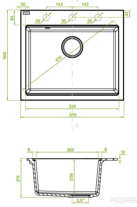 Laveo Tau, 1-komorový granitový drez 570x500x215 mm, béžová, LAV-SBT_410Y
