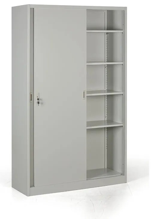Kovová skriňa s posuvnými dverami, 4 police, 1200 x 1990 x 450 mm, svetlo sivá