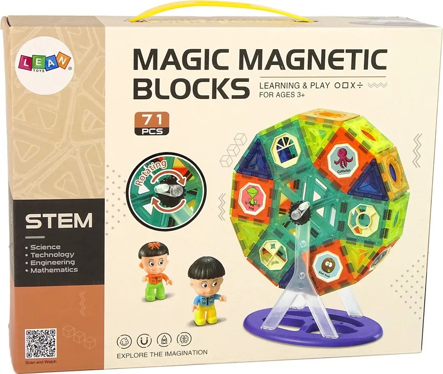 LEAN Toys Magnetické stavebnice 3D stavby – Ruské kolo a kolotoč, 71 dielov