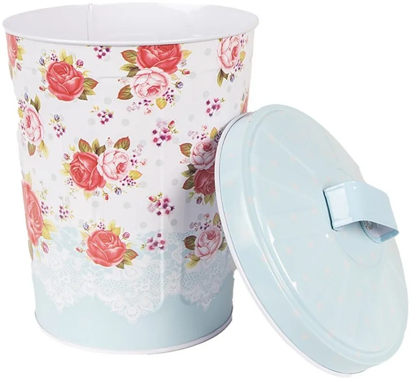 Modrý kovový box s vekom a kvetmi ruží Rossai - Ø 15*20 cm