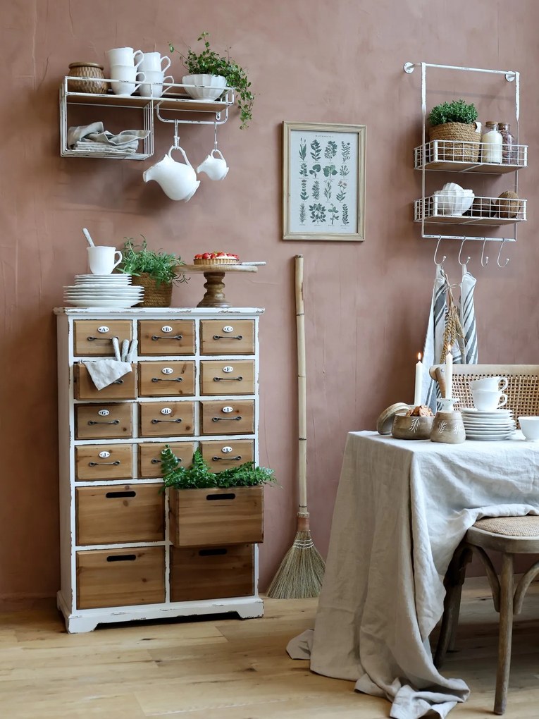 Krémová antik kovová nástenná polička s háčikmi Old Shelf - 48*18*77 cm