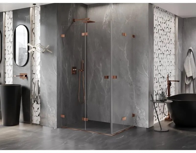 Mexen Lunar-F Duo, skladací sprchový kút 95 x 75 cm, 6mm číre sklo, profil ružové zlato, 836-095L-075P-60-00
