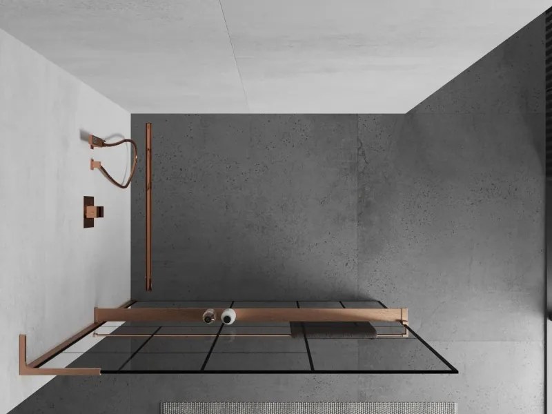 Mexen Kioto+ L, sprchová zástena Walk-In s poličkou a vešiakom 120 x 200 cm, 8mm číre sklo čierny vzor, medený matný profil, 800-120-123-65-78