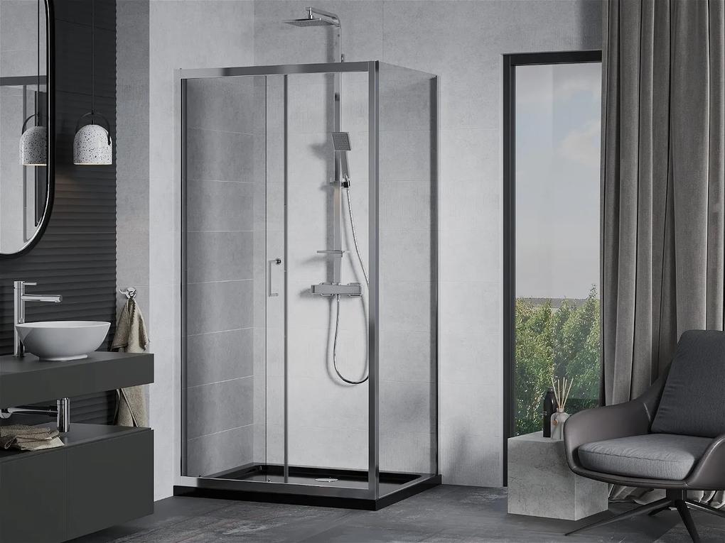 Mexen Apia sprchovací kút s posuvnými dverami 90 (dvere) x 80 (stena) cm, 5mm číre sklo, chrómový profil + čierna sprchová vanička s chrómovým sifónom, 840-090-080-01-00-4070