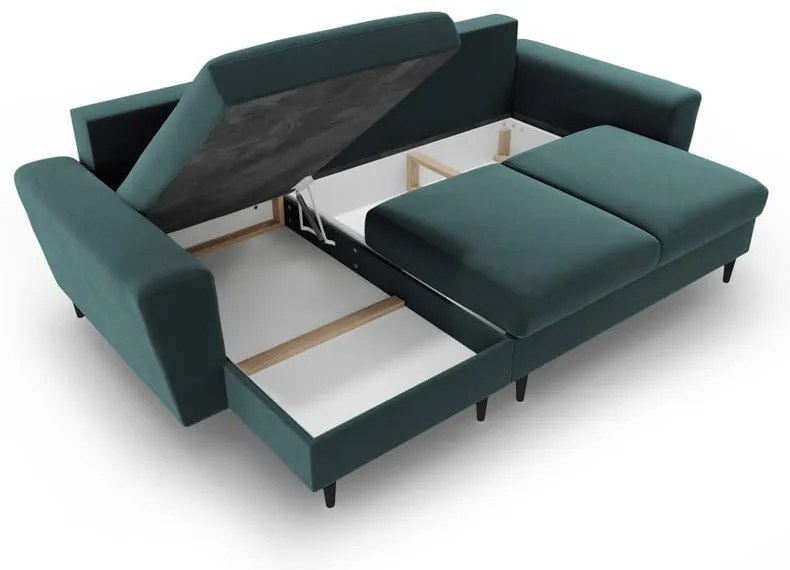 Zamatová rozkladacia/s úložným priestorom rohová pohovka v petrolejovej farbe Kyoto – Cosmopolitan Design