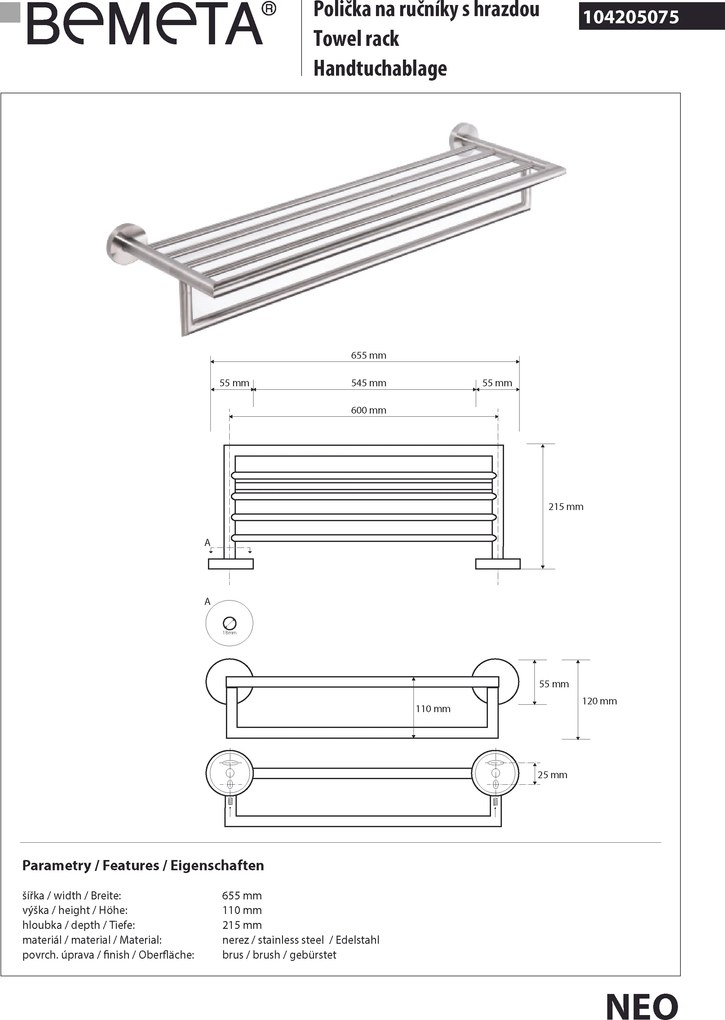 Bemeta Design NEO: Držiak uterákov, 600 mm, s hrazdou - 104205075