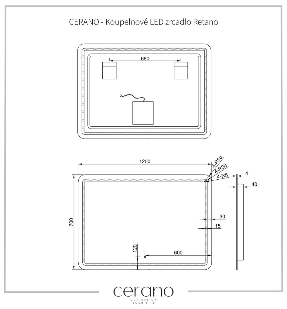 Cerano Retano, LED kúpeľňové zrkadlo 120x70 cm s vykurovacou podložkou proti zahmleniu, CER-CER-NT2151-120X70