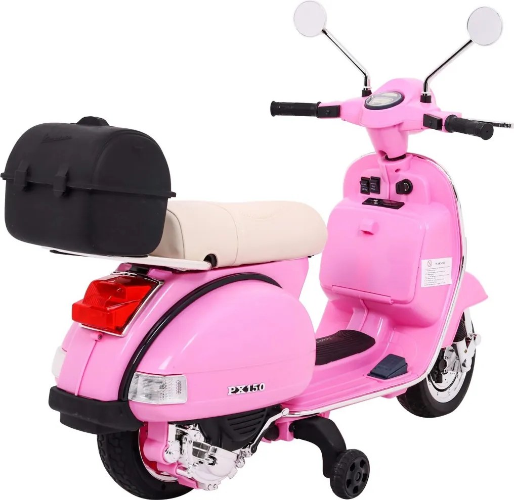 Ramiz Elektrický skúter Vespa pre deti ružový + pomocné kolieska + audio + ekokoža + EVA + plynulý štart