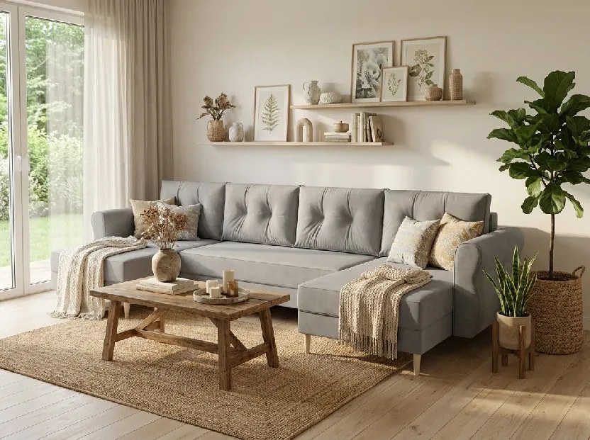 AKCIA Rozkladacia sedacia súprava do U SILVIANO 300x140 cm, sivá + 2 vankúšiky ZDARMA II. akosť
