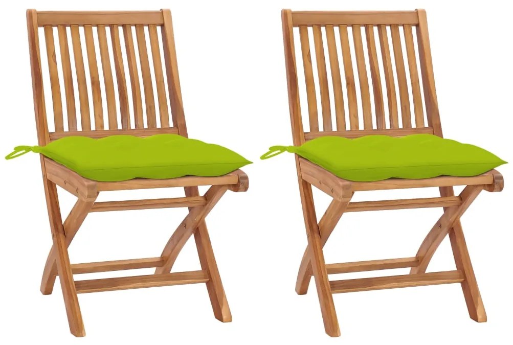 Záhradné stoličky 2 ks, jasnozelené podložky, tíkový masív 3062459