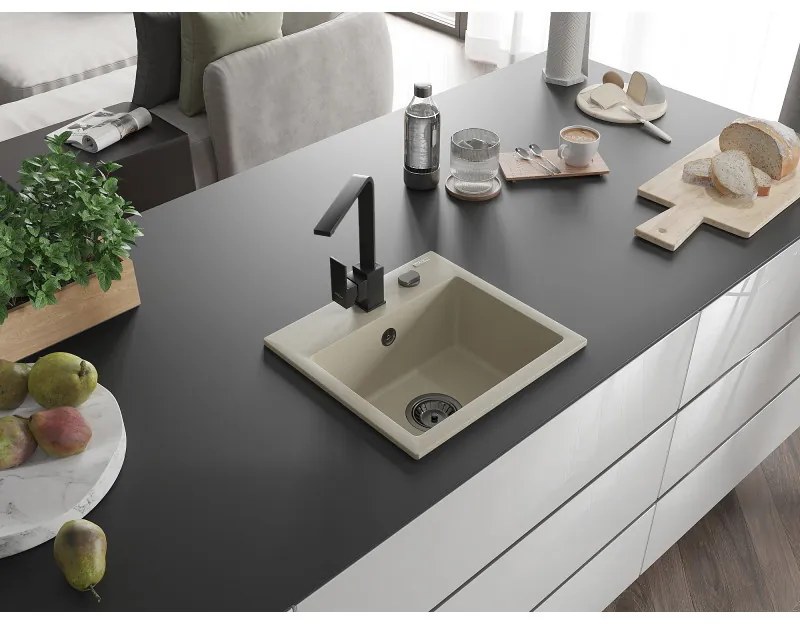 Mexen Milo, 1-komorový granitový drez 435x410x171 mm a čierna batéria Rita, béžová, 6505-69-670300-70