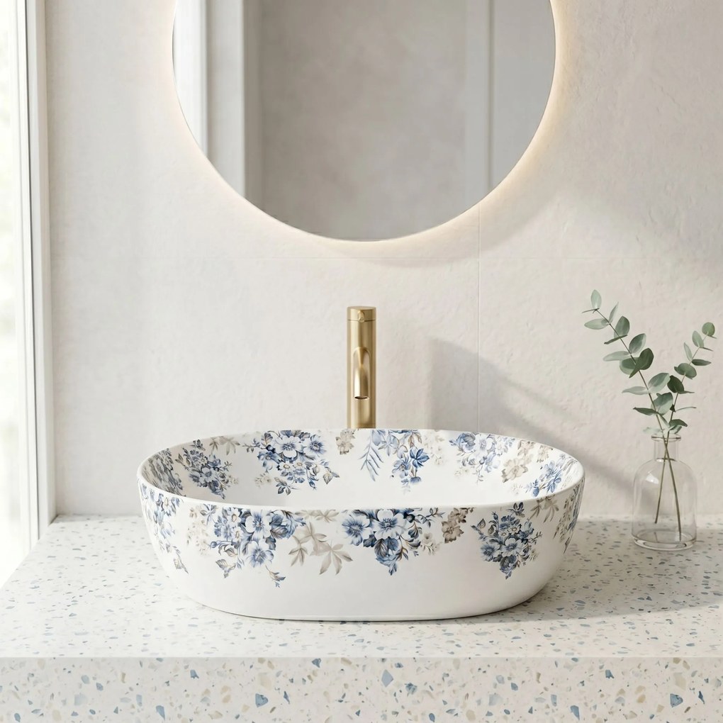 Rea Veronica Mat, umývadlo na dosku 485x350x135 mm, biela-modrá-vzor, REA-U3900
