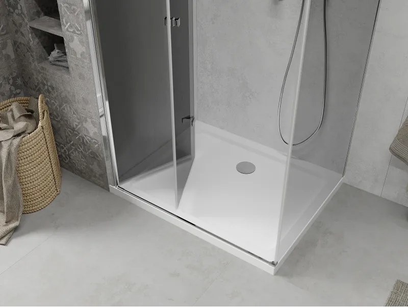 Mexen Lima, sprchový kút so skladacími dverami 90 (dvere) x 110 (stena) cm, 6mm šedé sklo, chrómový profil + slim sprchová vanička biela + chrómový sifón, 856-090-110-01-40-4010