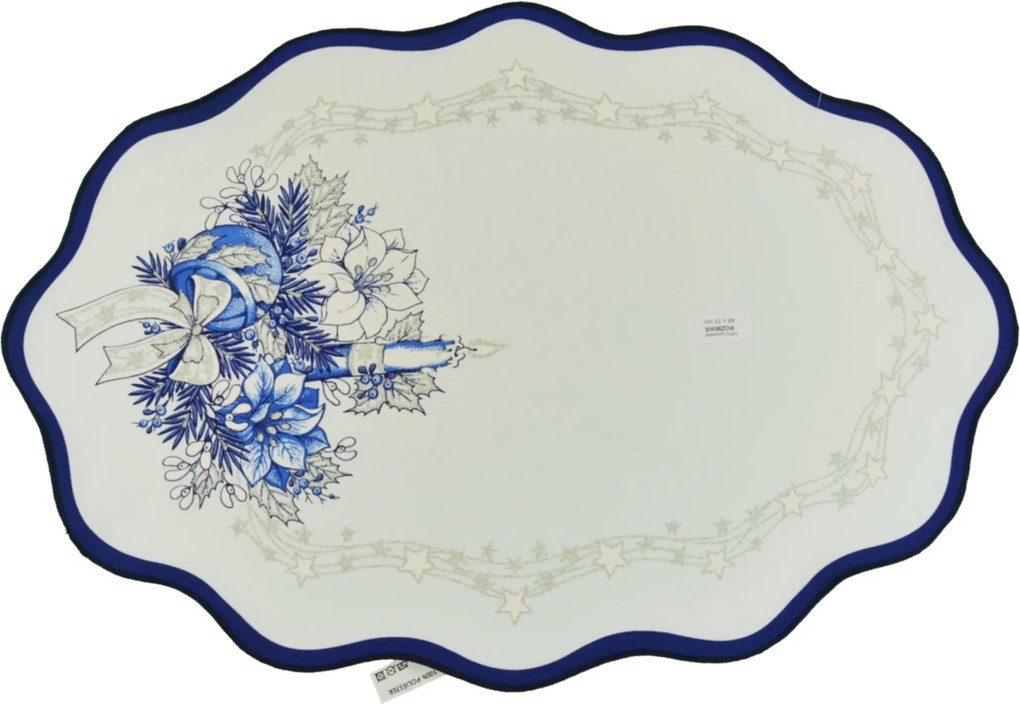 Vianočný obrus - biely s modrým lemom 48x33 cm