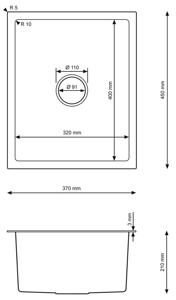 Erga HD, 1-komorový oceľový drez 370x450x210 mm, oceľová, ERG-MLS-HD3745