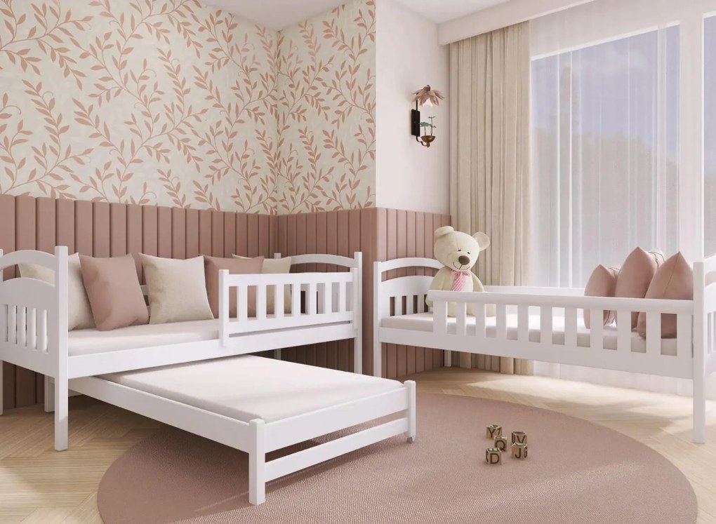 Detská poschodová posteľ z masívu borovice BOHDANA s prístelkou a šuplíky - 200x90 cm - BIELA
