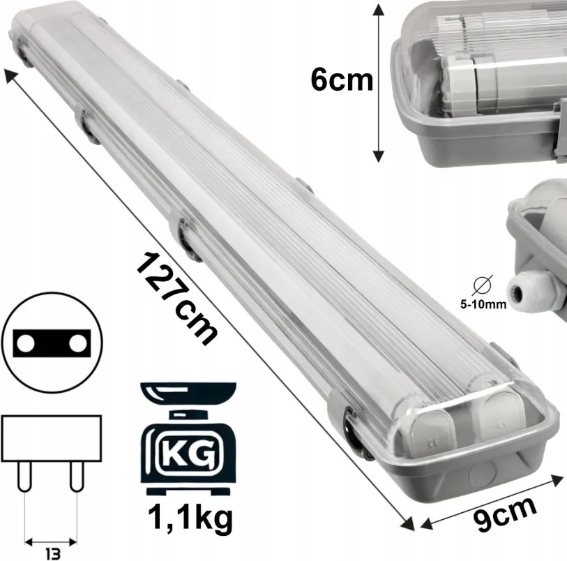 Hermetické svietidlo 120cm + 2x LED trubice vodotesné - studená biela