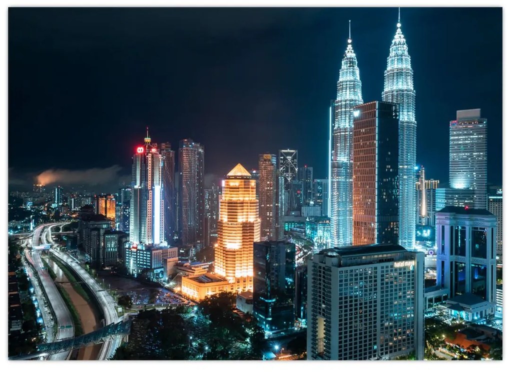 Sklenený obraz - Noc v Kuala Lumpur (70x50 cm)