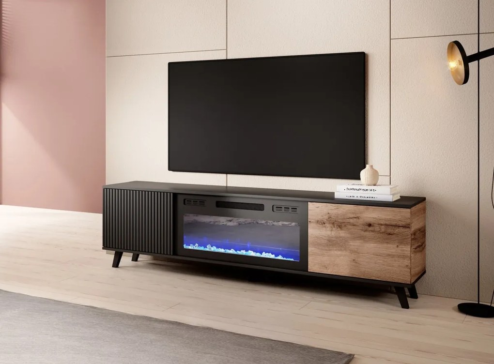 TV stolík Random 180 cm s krbom dub wotan/čierny