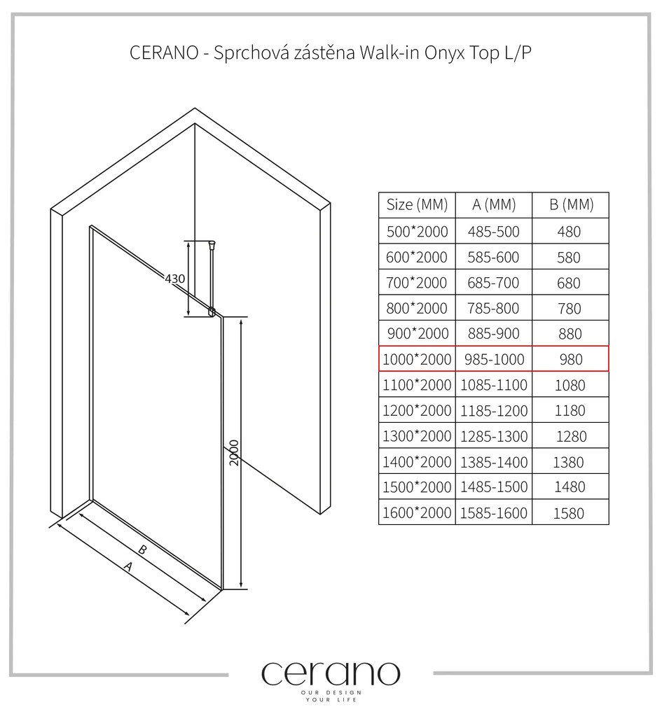 CERANO - Sprchová zástena Walk-in Onyx Top L/P - guľatá vzpera - chróm, transparentné sklo - 100x200 cm, CER-CER-8050BD1697