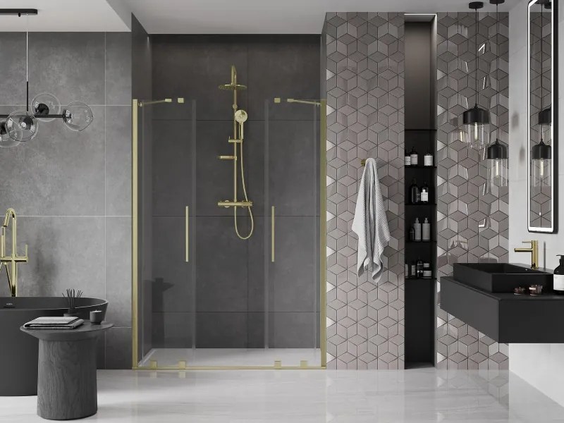 Mexen Velar Duo, posuvné dvere do otvoru 140x200 cm, 8mm číre sklo, zlatá matná, 871-140-000-02-55