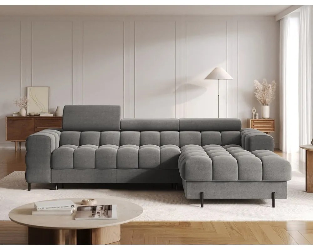 Taupe zamatová rozkladacia/s úložným priestorom rohová pohovka (pravý roh/s leňoškou) Felro – ELTAP